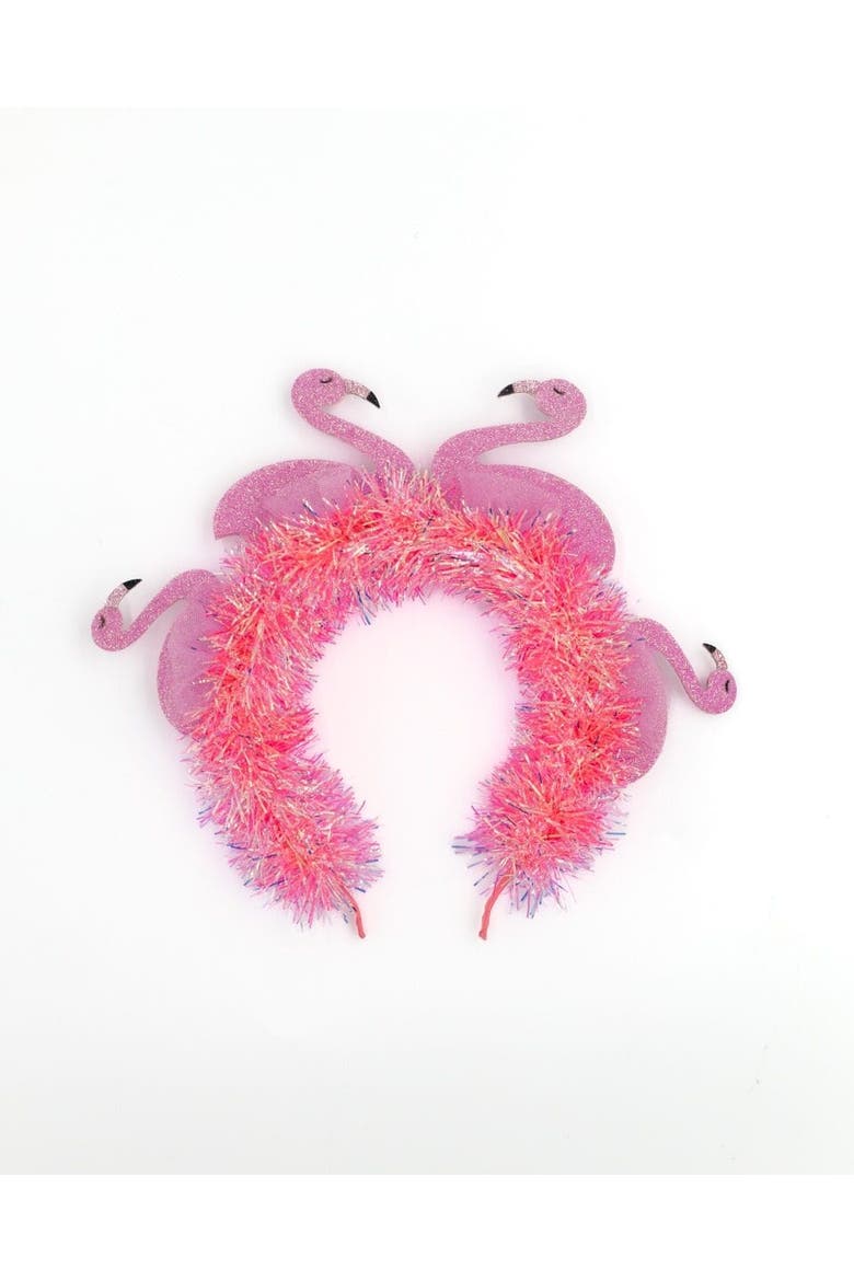 Flamingo Party Novelty Headband - Pink Tinsel with 3D Glitter Flamingos for Beach, Pool, and Bachelorette Parties, 8.5x9.5 Inch, One Size, Alternate, color, Pink