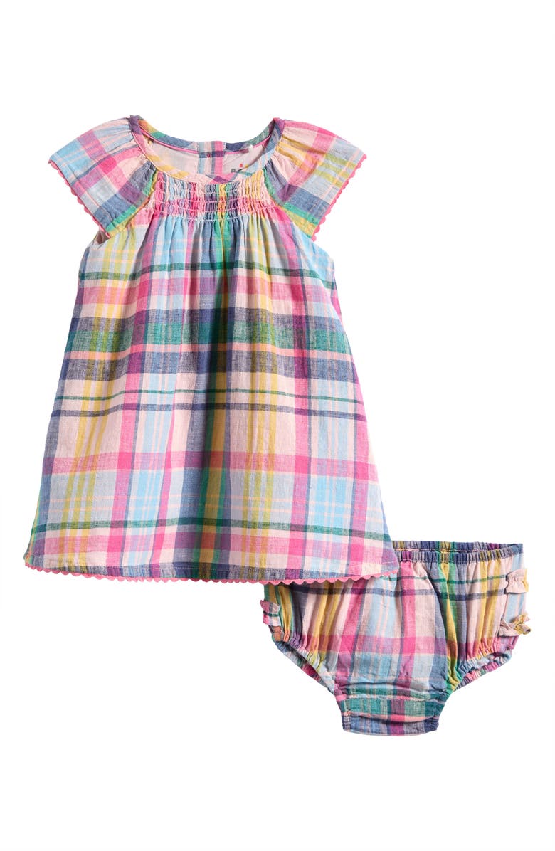 Mini Boden Floaty Shirred Dress & Bloomers Set, Main, color, Madras Check