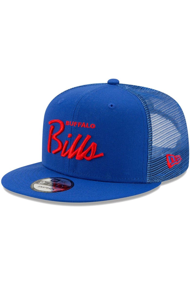 Men's New Era Royal Buffalo Bills Script Trucker 9FIFTY Snapback Hat, Main, color, Royal