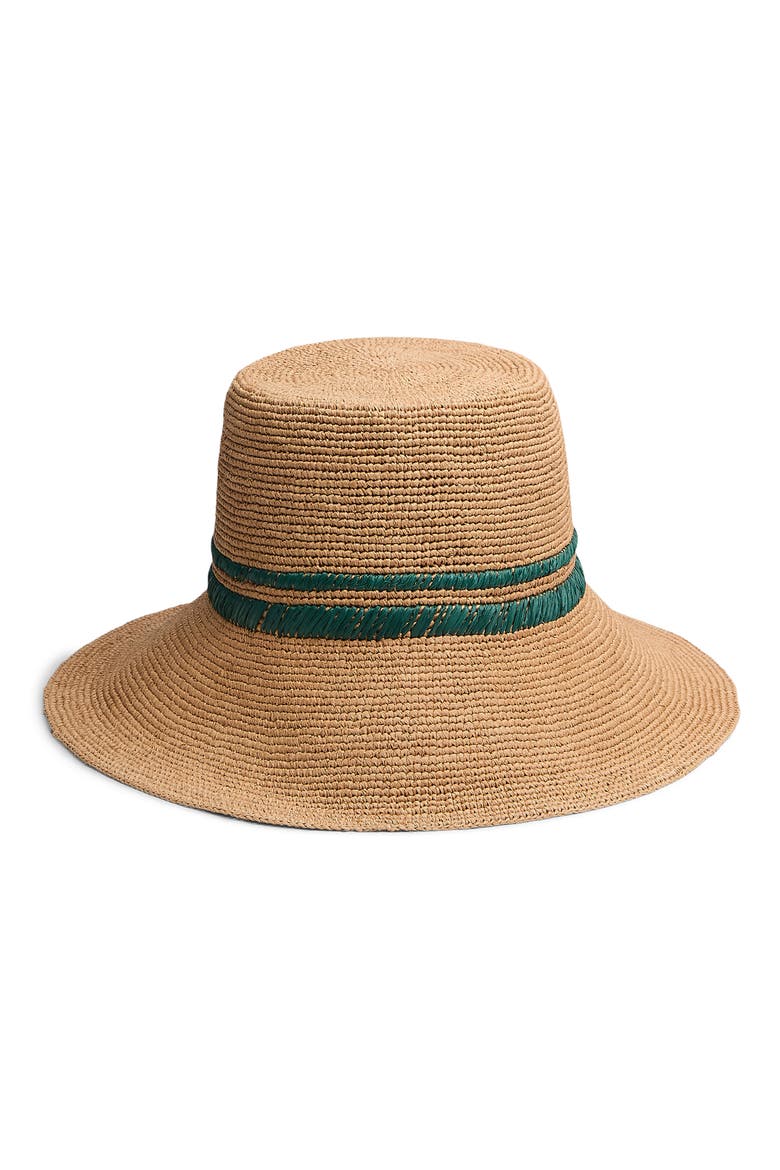 Jade Packable Raffia Bucket Hat, Main, color, TAN EMBROIDERD