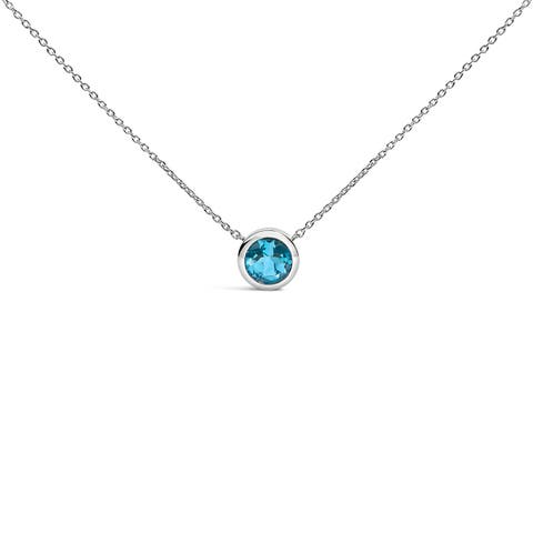 .925 Sterling Silver 7MM Bezel Set Created Gemstone Pendant Necklace - 18" Inches