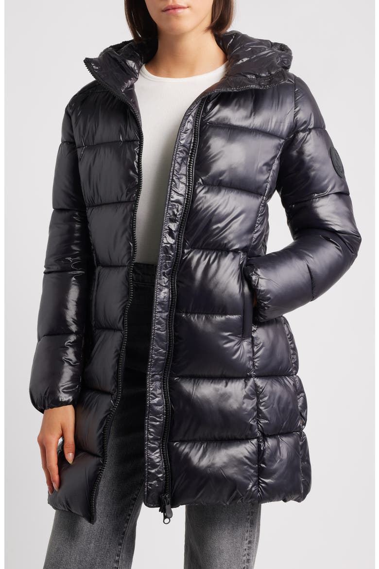 Ines Water Repellent Longline Hooded Puffer Jacket, Alternate, color, BLACK