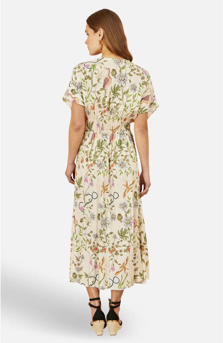 Yumi Floral Print Ruched Waist Midi Dress, Alternate, color, Beige