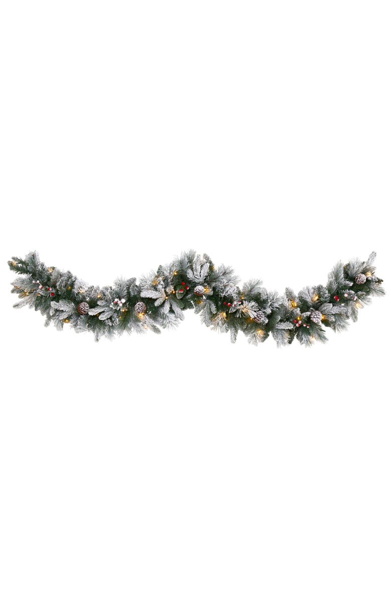 NEARLY NATURAL 6-ft Flocked Mixed Pine Artificial Christmas Garland with 50 LED Lights, Pine Cones and Berries, Main, color, Green