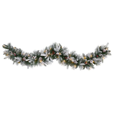 6-ft Flocked Mixed Pine Artificial Christmas Garland with 50 LED Lights, Pine Cones and Berries