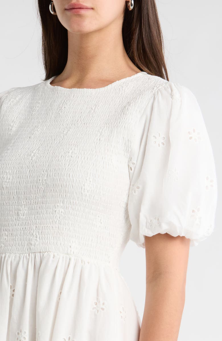 SUGARLIPS Deana Eyelet Smocked Midi Dress, Alternate, color, White