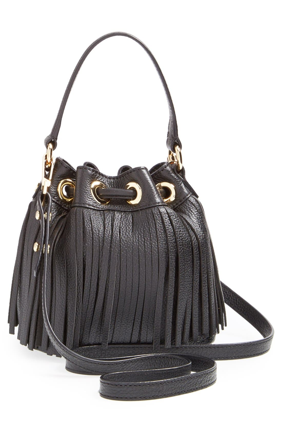 'Small Essex' Fringed Leather Bucket Bag, Alternate, color, BLACK