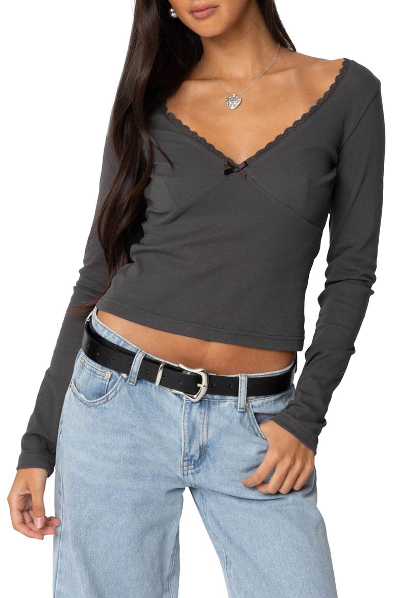 Adrienne Lace Trim Long Sleeve Jersey Top, Main, color, DARK-GRAY
