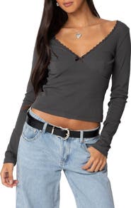 EDIKTED Adrienne Lace Trim Long Sleeve Jersey Top