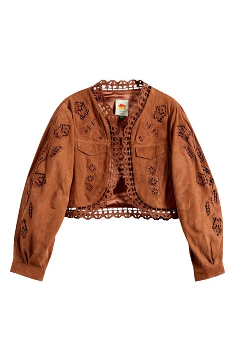 Richilieu Embroidered Genuine Leather Crop Jacket