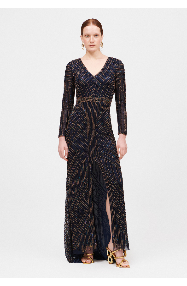 BEAUUT Occasion Embellished Sequin Beaded V Neck With Long Sleeves Evening Maxi Dress, Main, color,