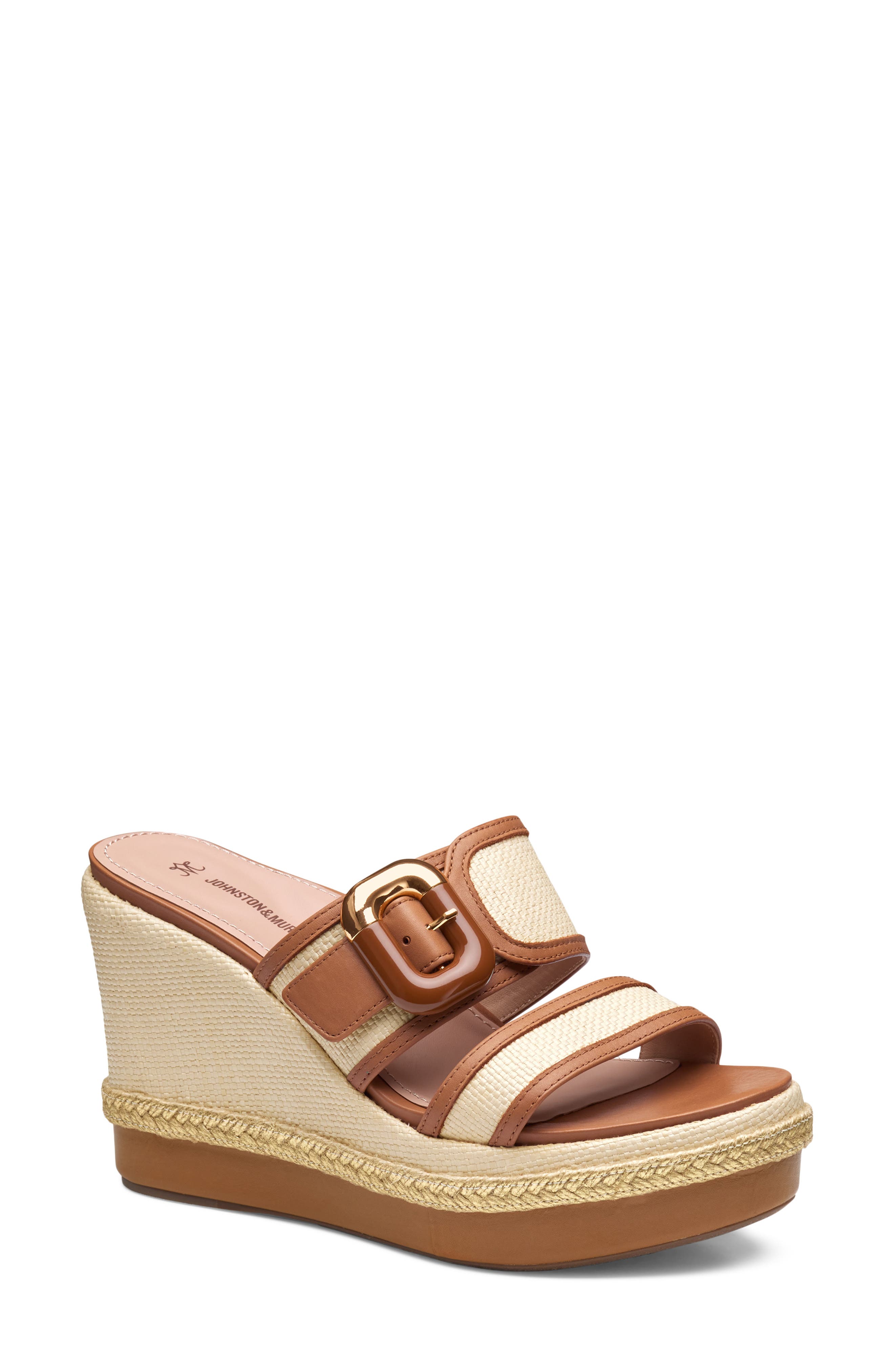 Johnston & Murphy Addison Buckle Platform Wedge Slide Sandal, Main, color, Natural Raffia