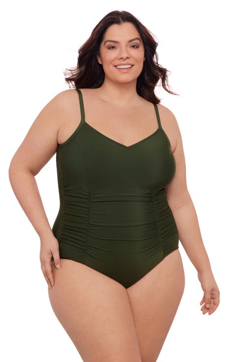 Plus Size Princess Seam V-Neck Side Shirred Adjustable One-Piece Swimsuit