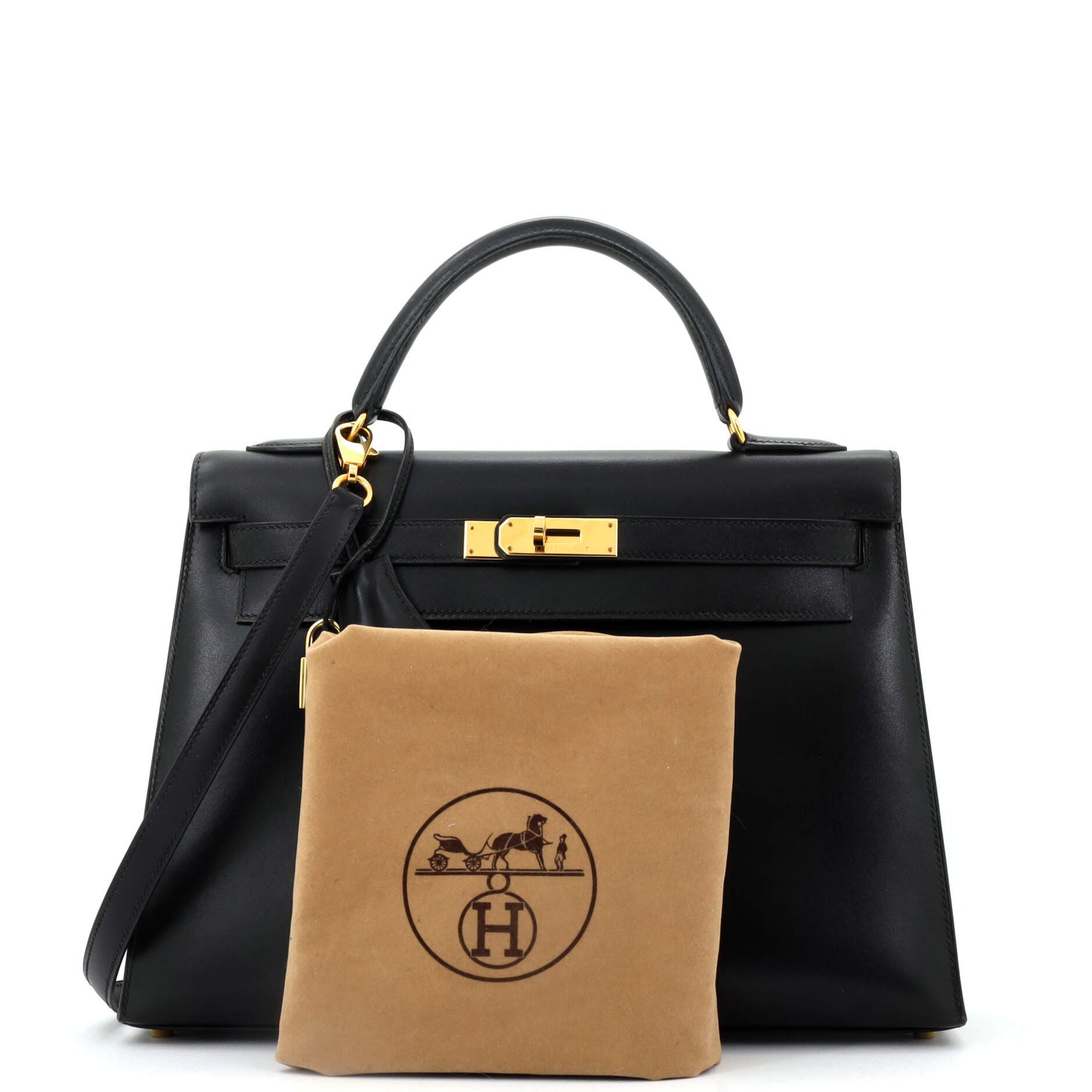 Pre-Owned Hermes Kelly Handbag Black Box Calf with Gold Hardware 32, Alternate, color, 