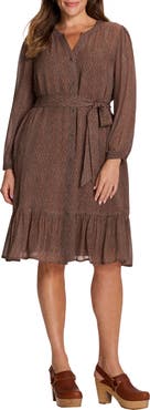 NIC+ZOE Dotty Tie Waist Long Sleeve Georgette Dress