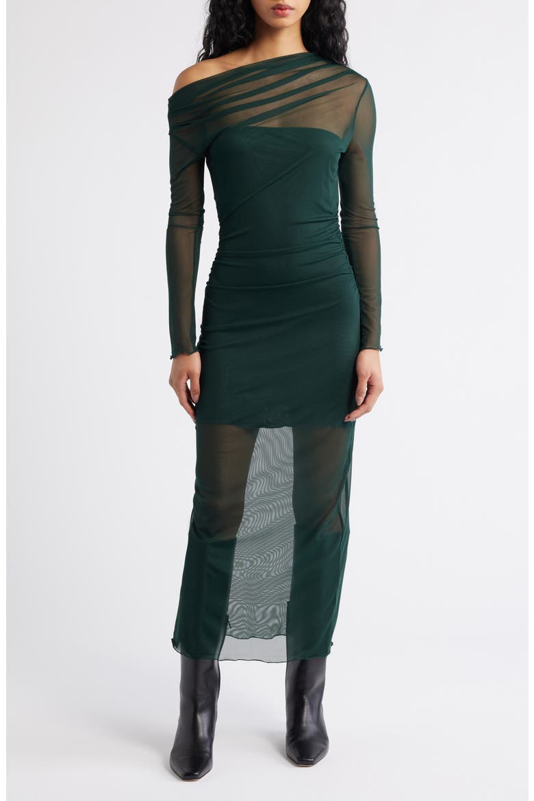 Aitana Asymmetric Neck Semisheer Midi Dress, Main, color, GREEN