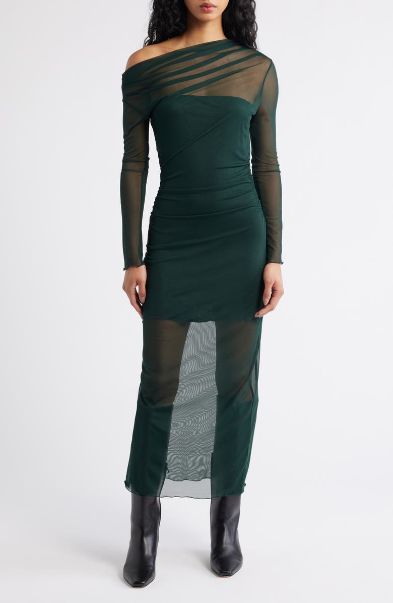 MANGO Aitana Asymmetric Neck Semisheer Midi Dress, Main, color, Green