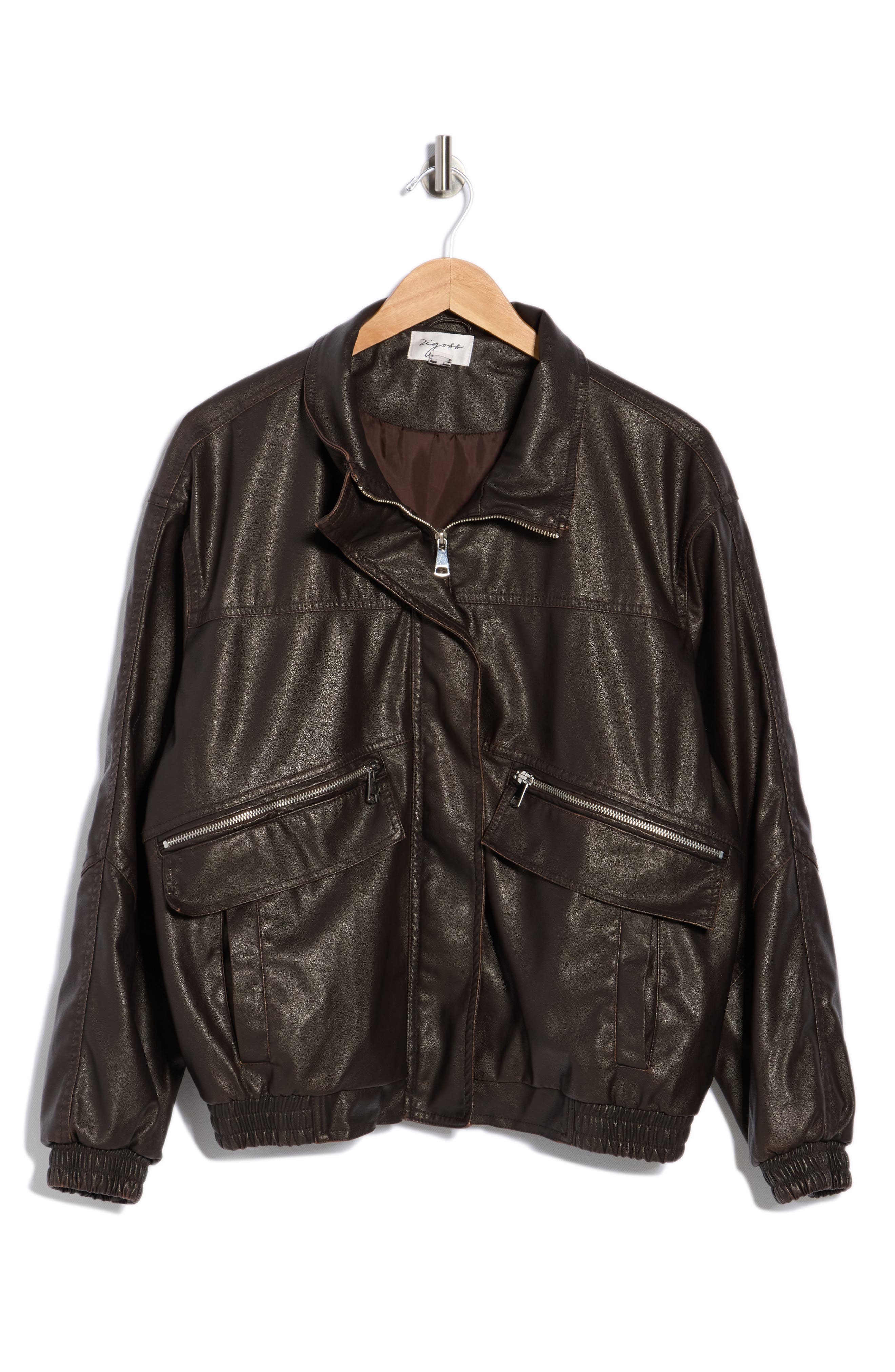 Vigoss Washed Faux Leather Dad Bomber Jacket