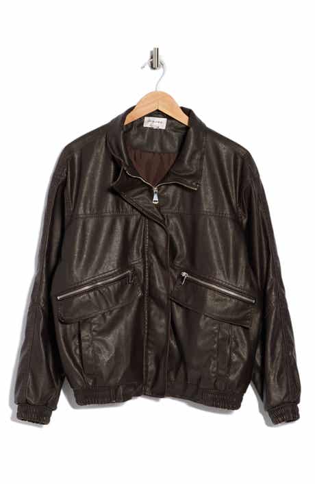 Vigoss Washed Faux Leather Dad Bomber Jacket