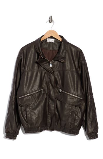 Vigoss Washed Faux Leather Dad Bomber Jacket In Brown