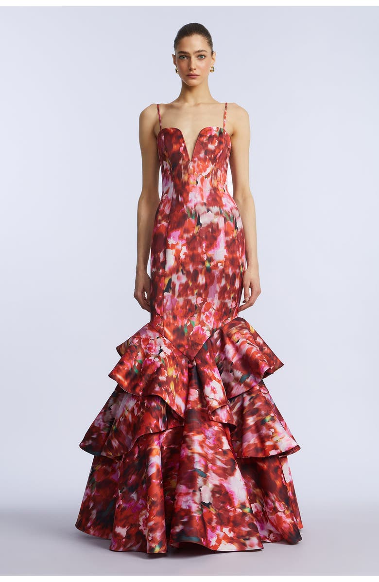 BCBGMAXAZRIA Ruffle Ball Gown, Main, color, Washed Rose Chili Pepper Print