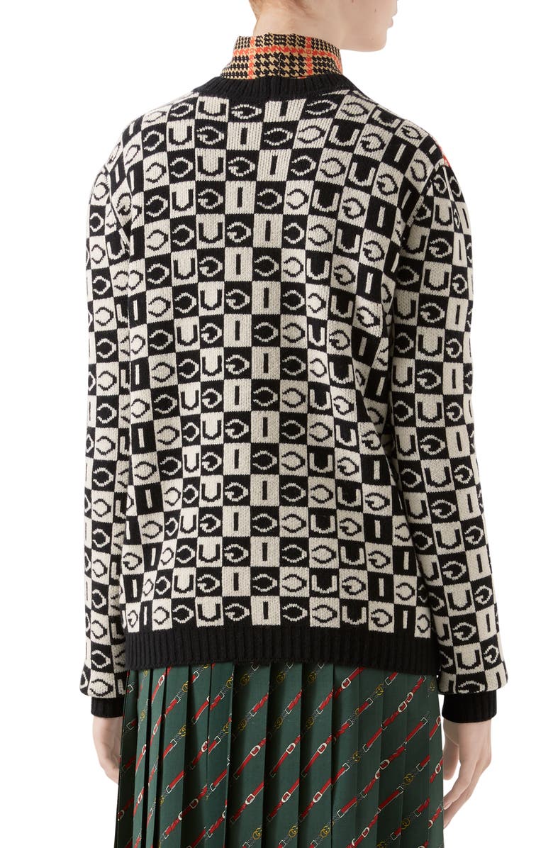 Gucci Checkerboard Jacquard Wool Cardigan, Alternate, color,