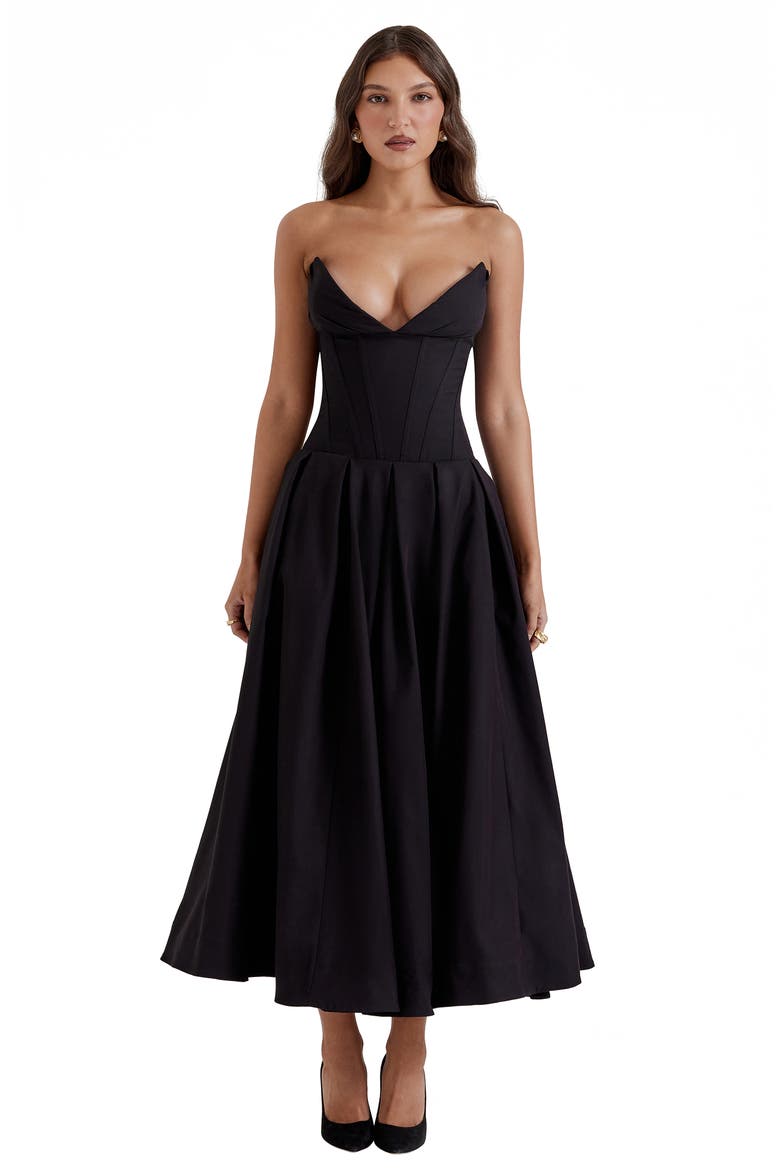 Lady Strapless Midi Dress, Alternate, color, BLACK