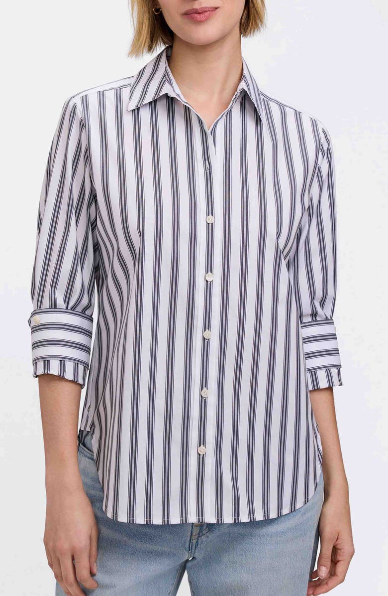 Foxcroft Meghan Stripe Cotton Blend Button-Up Shirt, Main, color, Black/ White