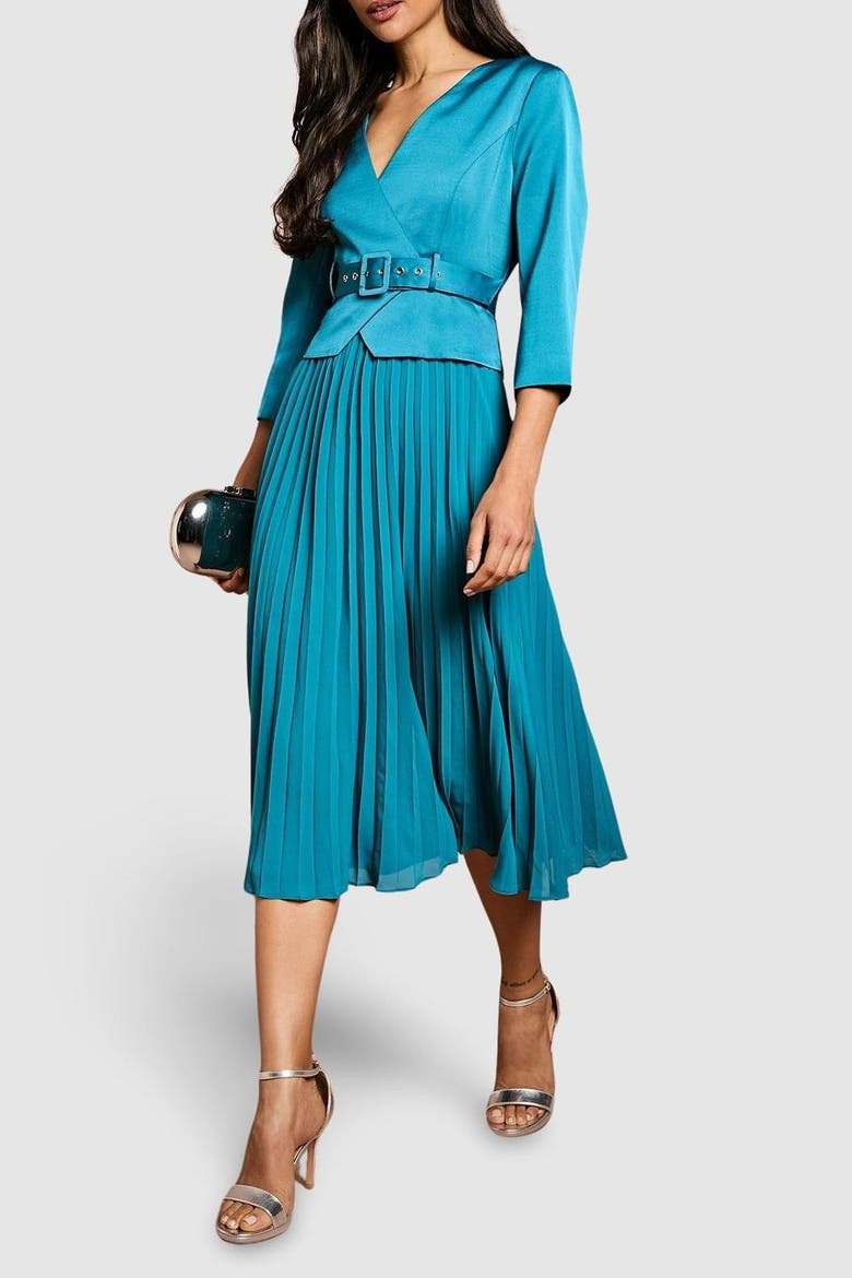 Satin Bodice Pleat Skirt Midi Dress, Alternate, color, Teal