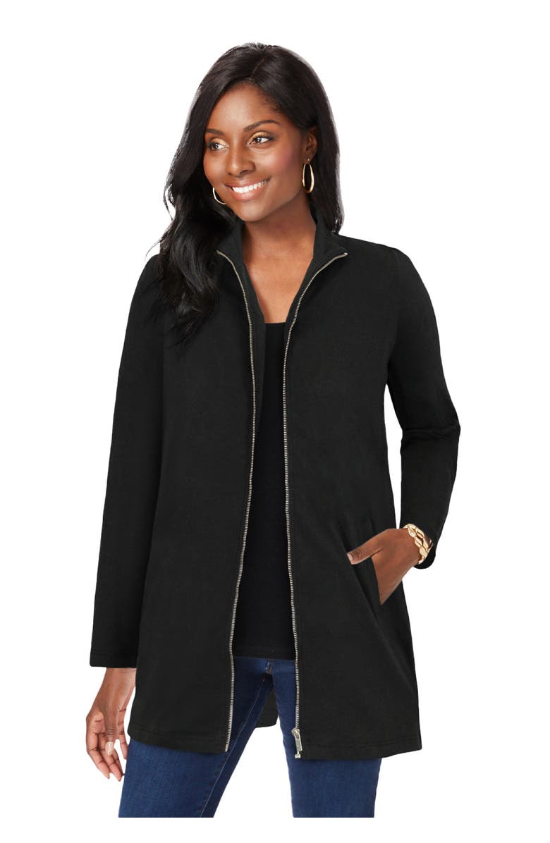 Jessica London Stretch Cotton Zip Front Hi-Low Jacket, Main, color, Black
