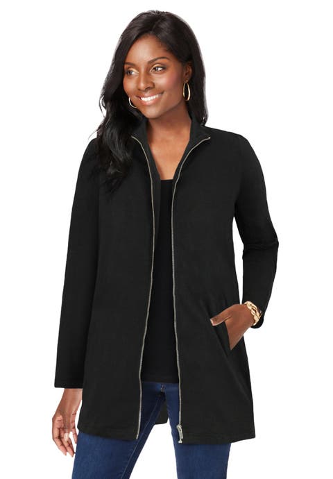 Stretch Cotton Zip Front Hi-Low Jacket