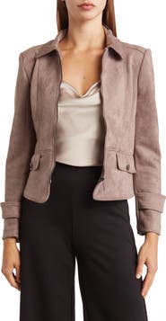 T Tahari Faux Suede Crop Zip Jacket