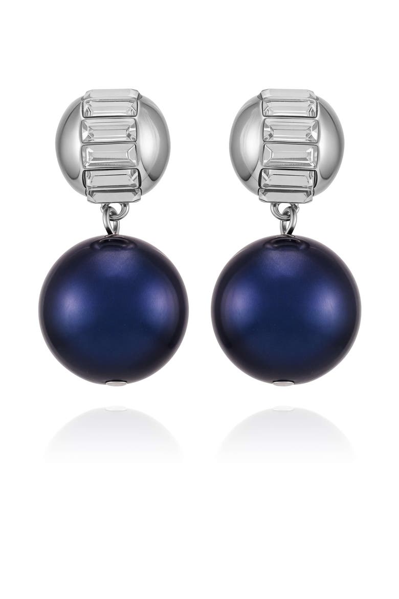 Pearl Drop Earrings with Baguette Accents, Main, color, Silver Tone