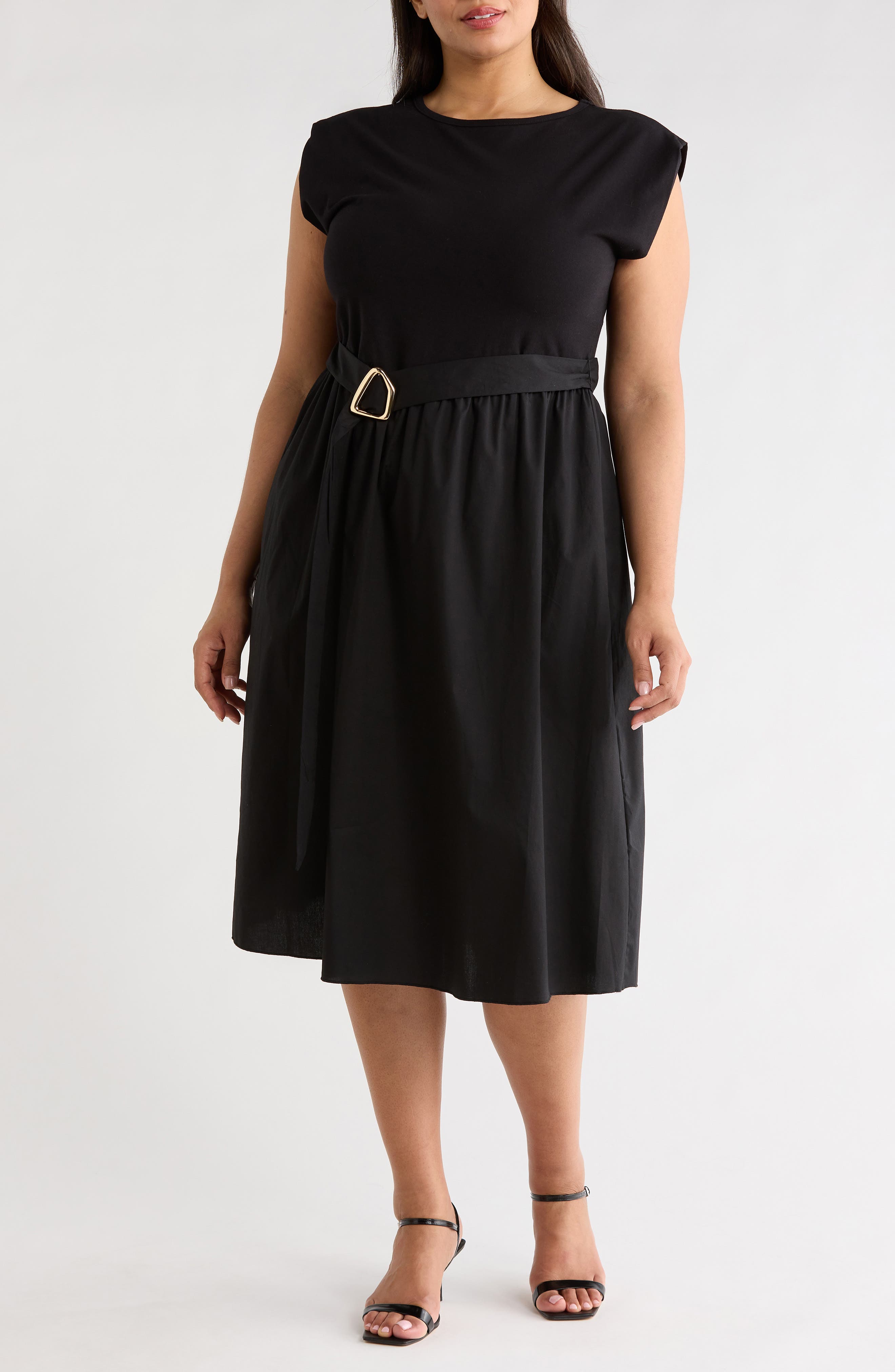 TASH AND SOPHIE Sleeveless Buckle Belt Poplin Twofer Dress