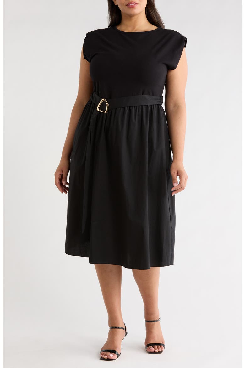 Sleeveless Buckle Belt Poplin Twofer Dress, Main, color, BLACK