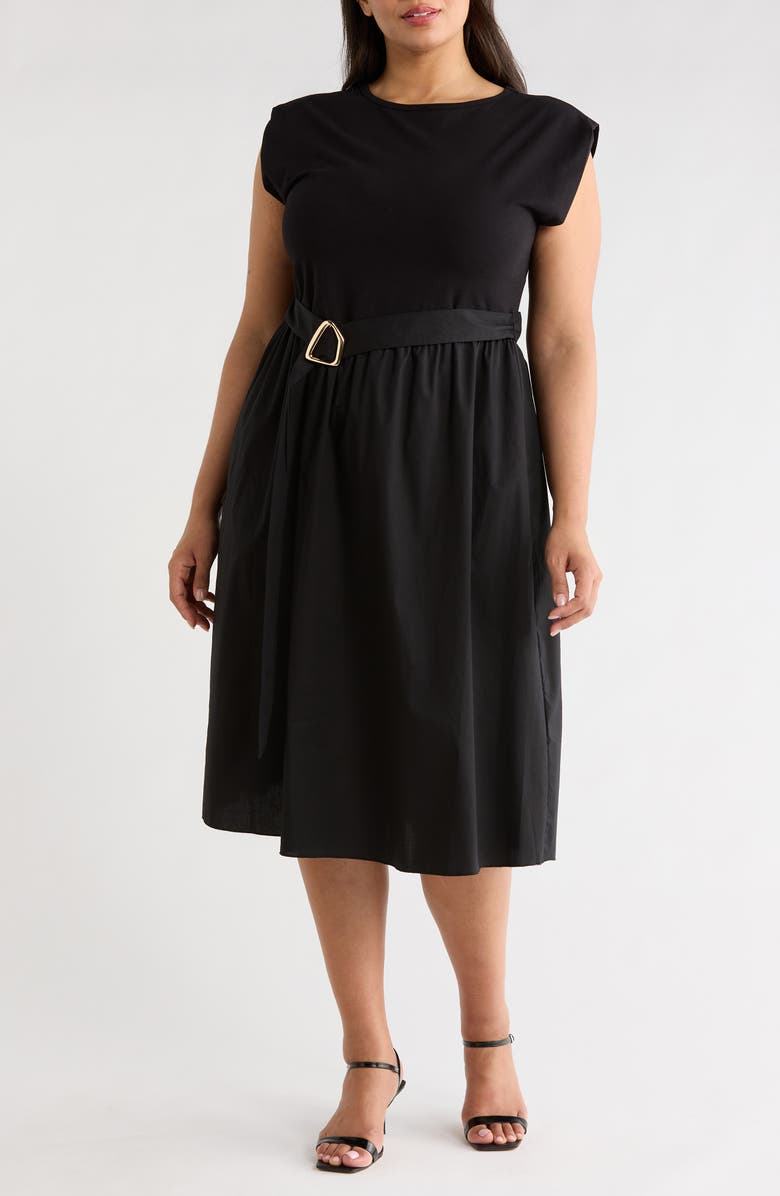 TASH AND SOPHIE Sleeveless Buckle Belt Poplin Twofer Dress, Main, color, Black