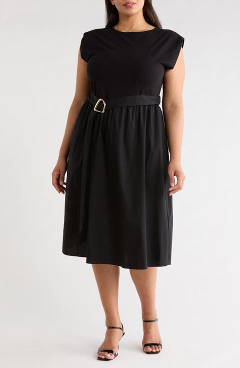 Sleeveless Buckle Belt Poplin Twofer Dress