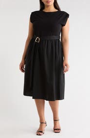 TASH AND SOPHIE Sleeveless Buckle Belt Poplin Twofer Dress
