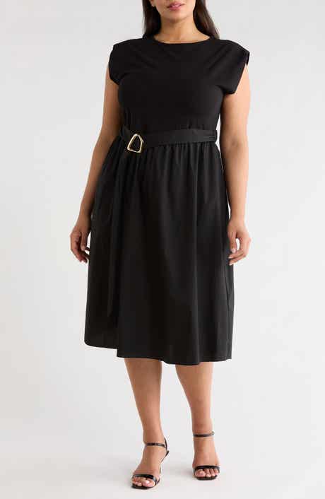 TASH AND SOPHIE Sleeveless Buckle Belt Poplin Twofer Dress