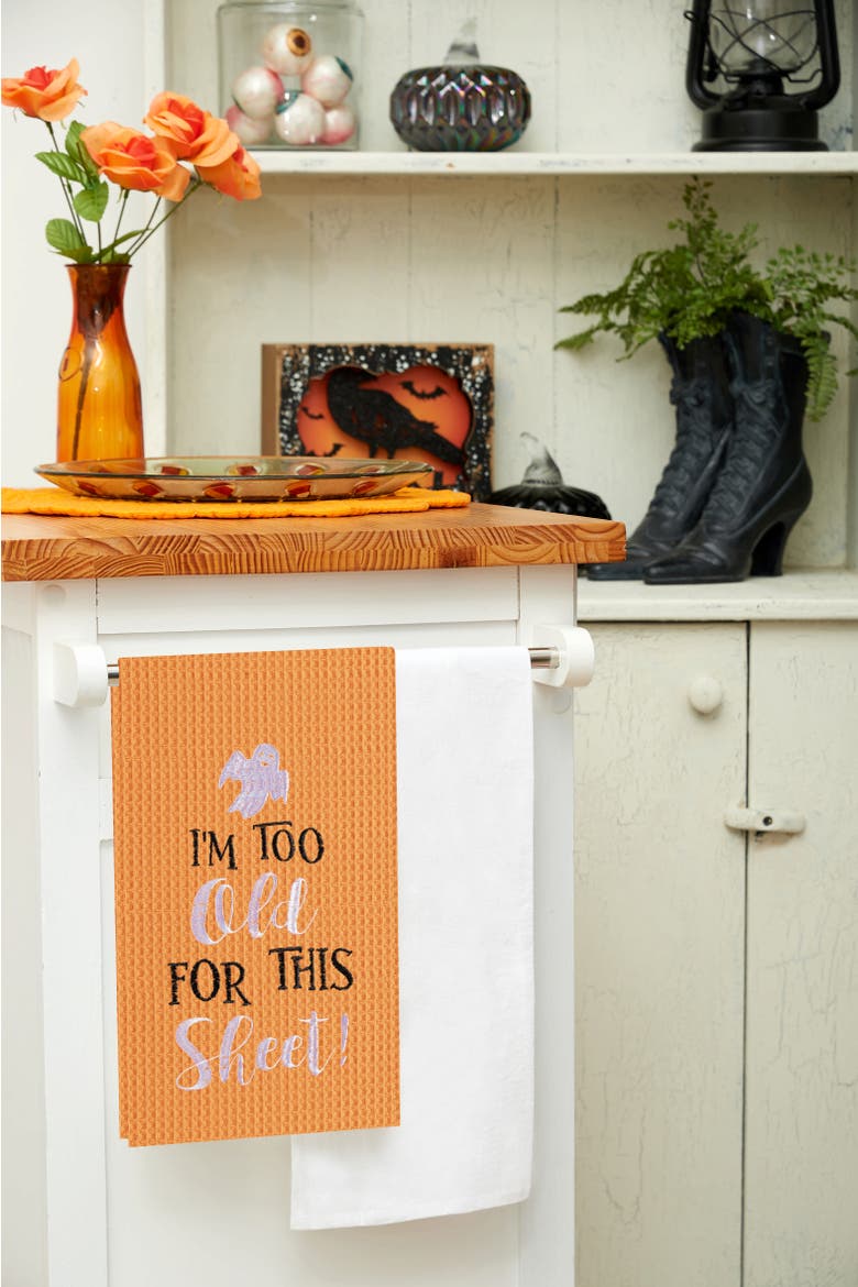 I'm Too Old For This Sheet Halloween Embroidered Cotton Waffle Weave Kitchen Towel, Alternate, color, Orange