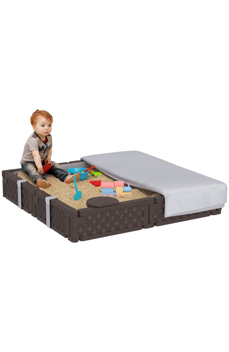 Qaba Kids Sandbox with Cover, 4 Seats & Bottom Liner, Main, color, Brown