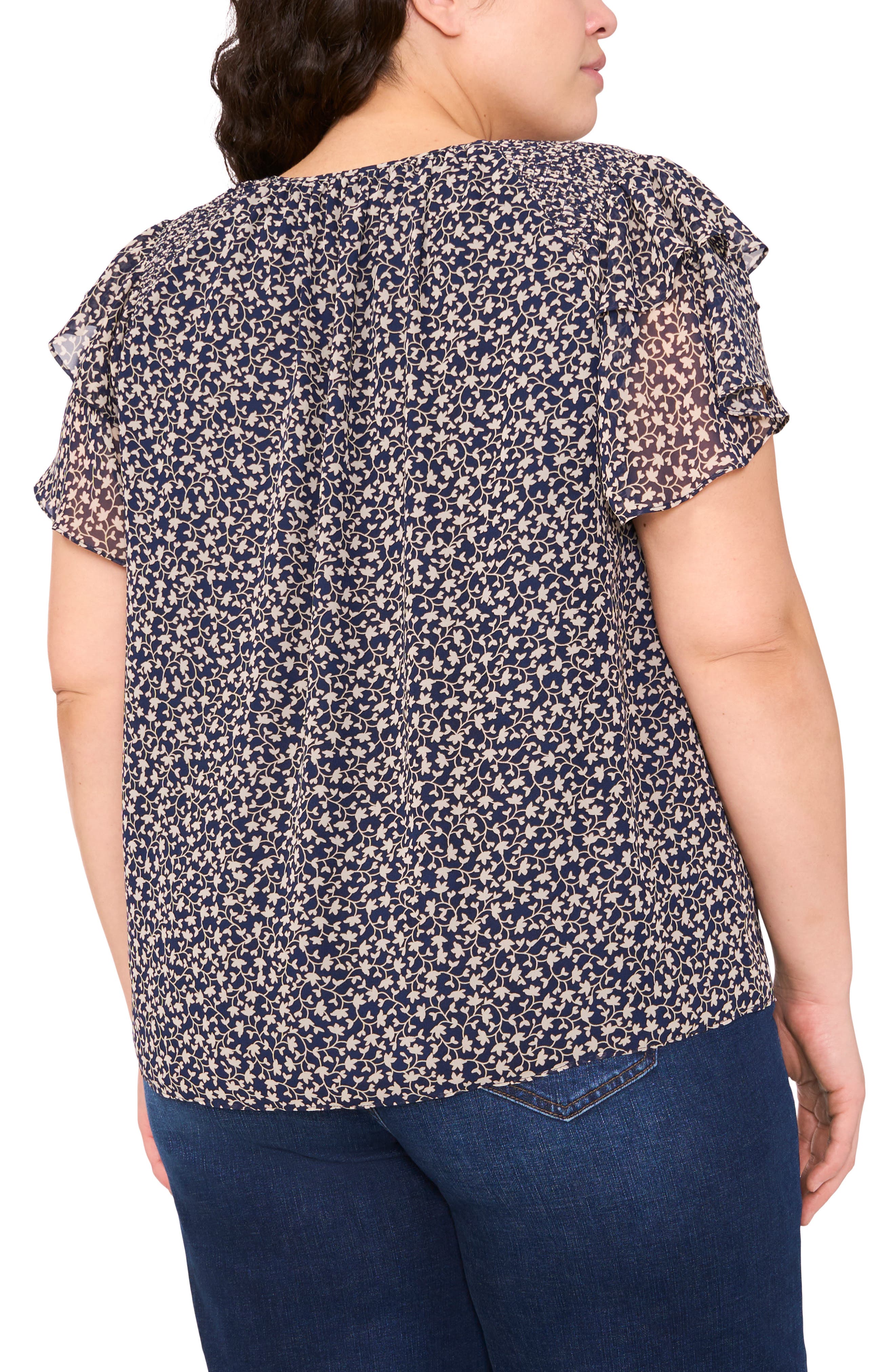 Floral Tie Neck Flutter Sleeve Top - image 2