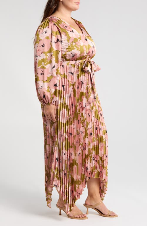 Melloday Floral Pleated Long Sleeve Satin Maxi Dress In Multi