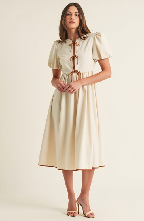 Modenaire Midi Puff Sleeve Dress With Contrast Ties And Hemline Trim In White