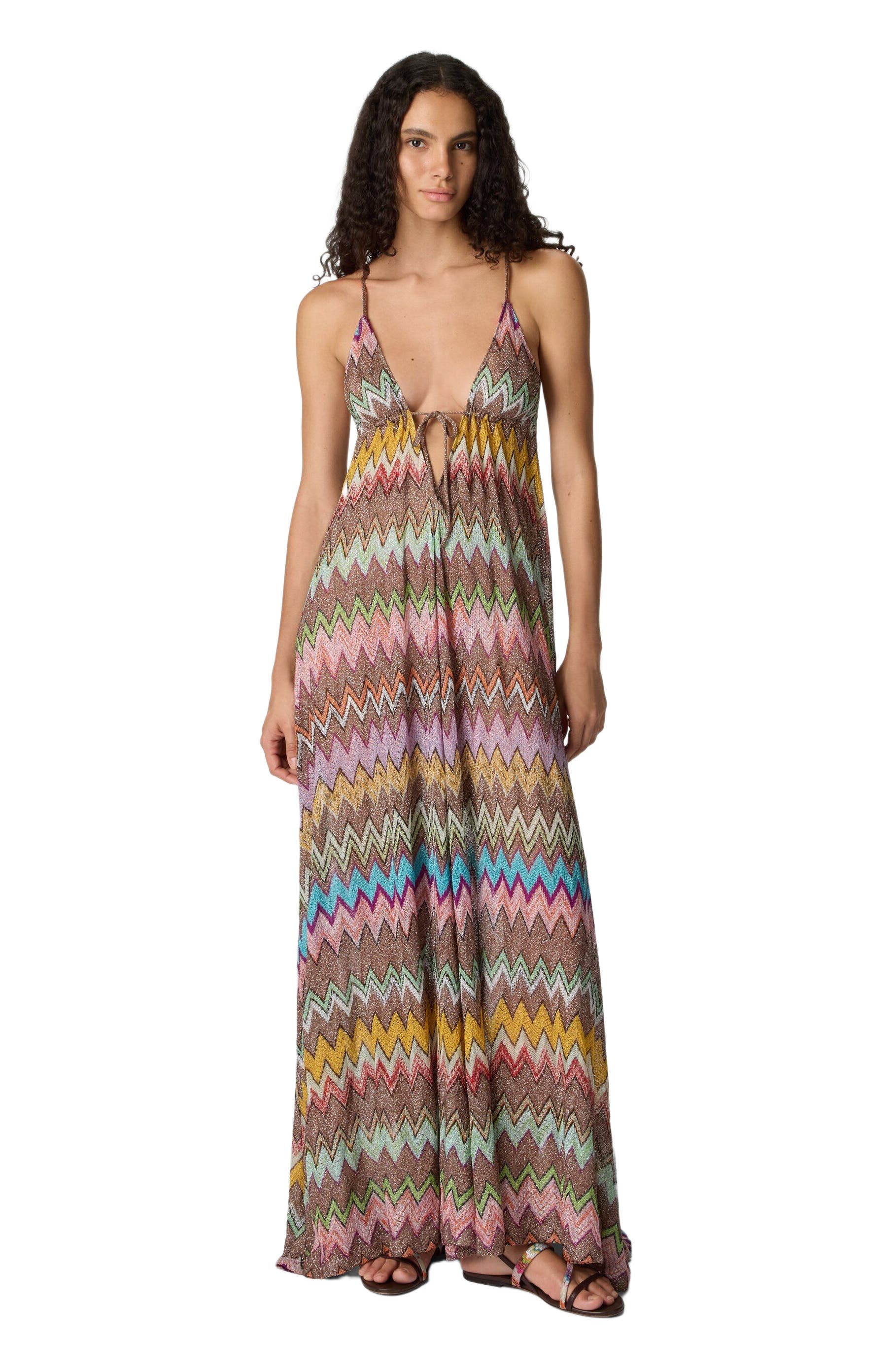 Long Beach Dress In Lame Viscose With Macro Zigzag Pattern And Thin Straps