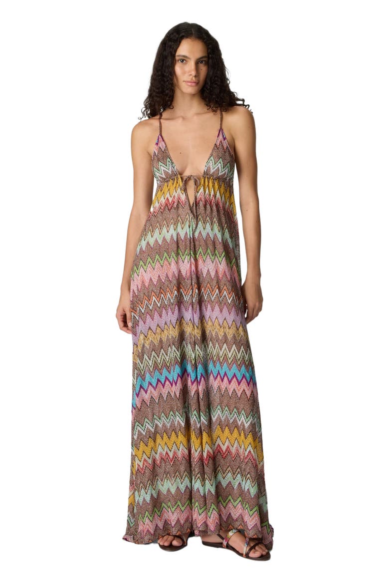 Long Beach Dress In Lamé Viscose With Macro Zigzag Pattern And Thin Straps, Main, color, Black & Multicoloured