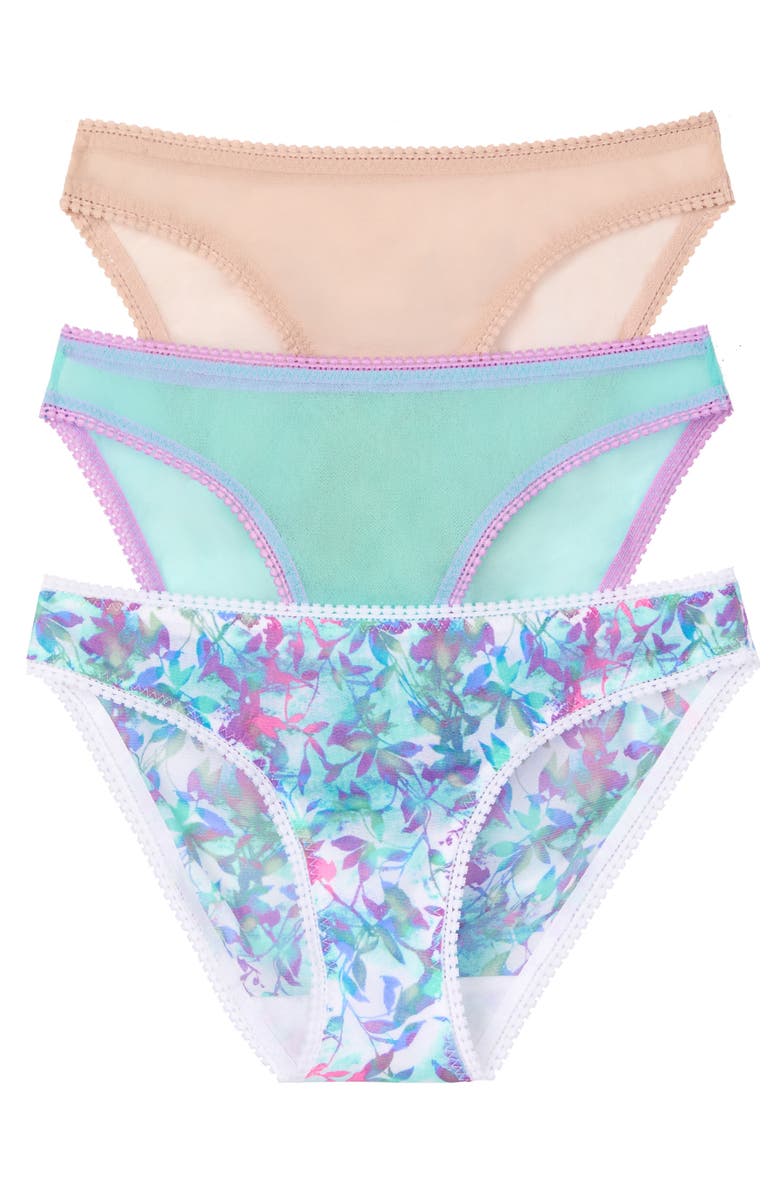 On Gossamer 3-Pack Mesh Hip Bikinis, Main, color, Champagne/Blue Radiance/Shadow