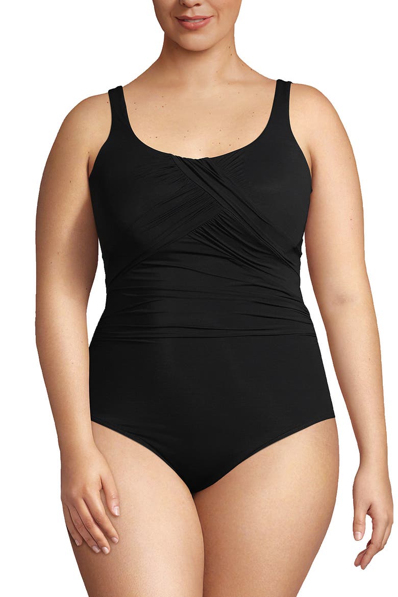 Plus Size DD-Cup Slender Grecian Tummy Control Chlorine Resistant One Piece Swimsuit, Main, color, Black