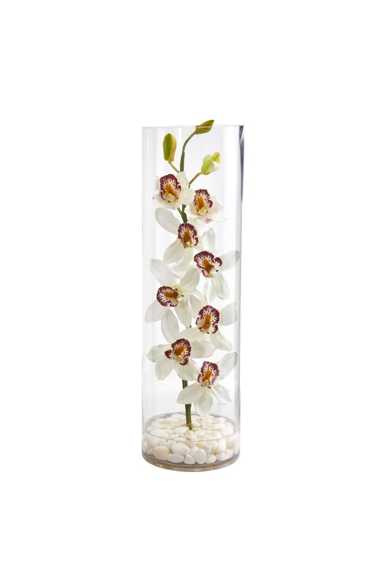 NEARLY NATURAL Cymbidium Orchid Artificial Arrangement in Tall Cylinder Vase, Main, color, White