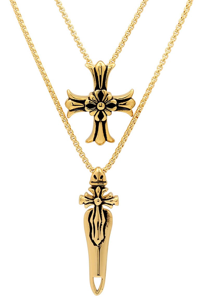 Men's 18K Gold Plated Stainless Steel Cross Pendant Layered Necklace, Main, color, GOLD